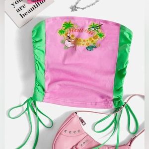 Pink and Green Y2K Hawaii Tropical Bandeau Tube Top Ruched EUC Size S Small